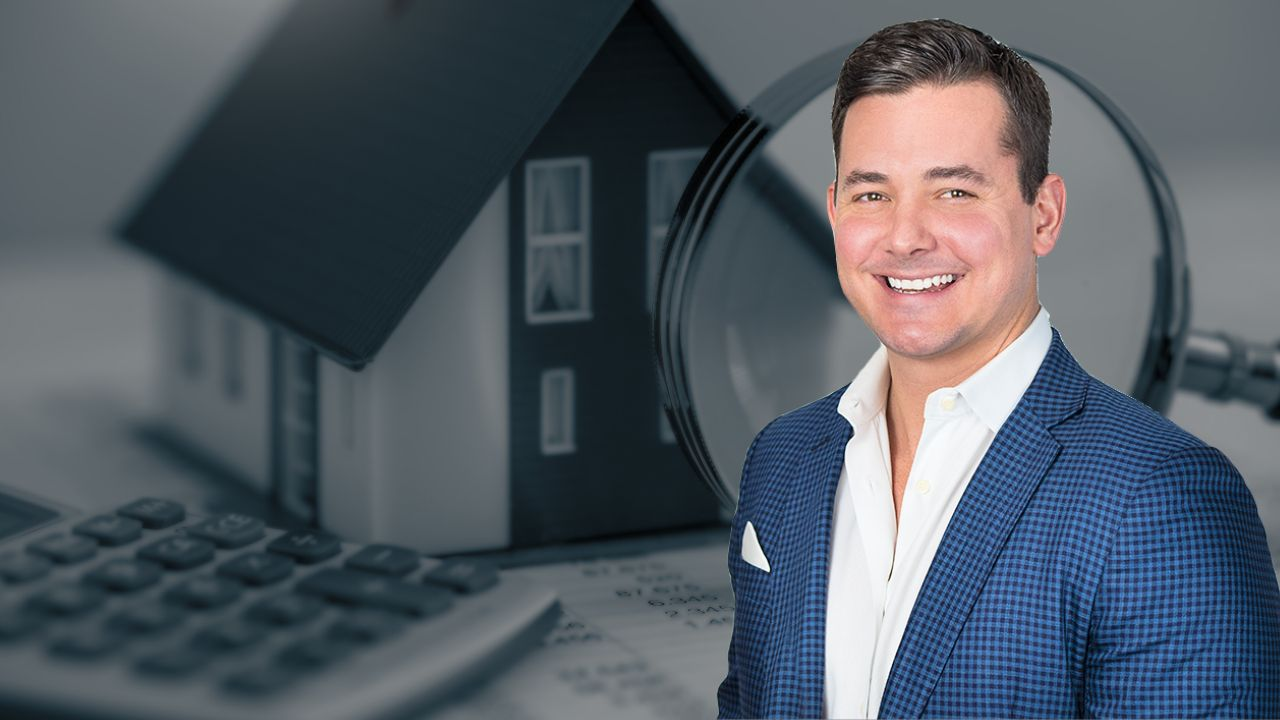 Photo of Chris Watters of Watters International Realty superimposed over a model house surrounded by coins