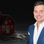 Photo of Chris Watters of Watters International Realty superimposed over a model house surrounded by coins