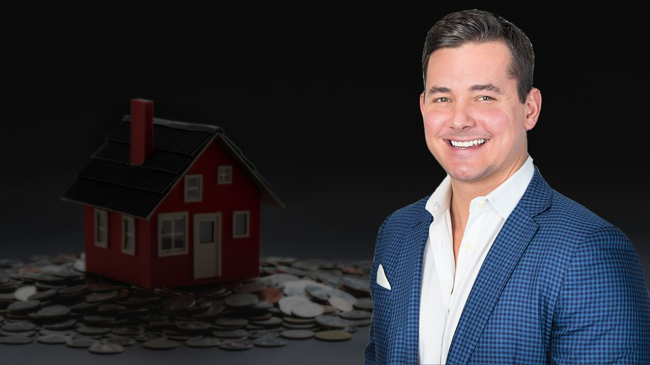 Photo of Chris Watters of Watters International Realty superimposed over a model house surrounded by coins