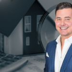 Photo of Chris Watters of Watters International Realty superimposed over a model house surrounded by coins
