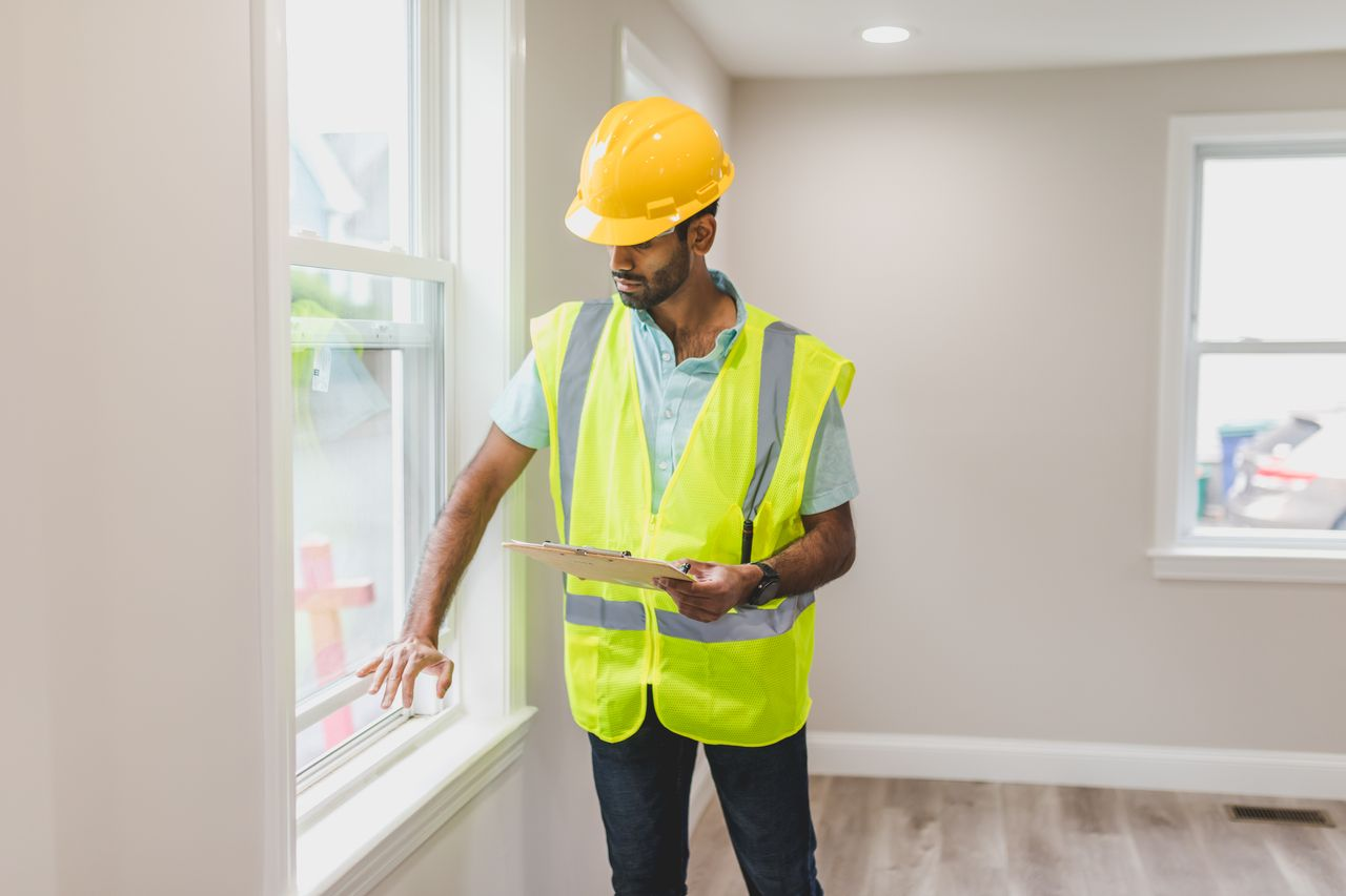 A home inspector checks windows in a house